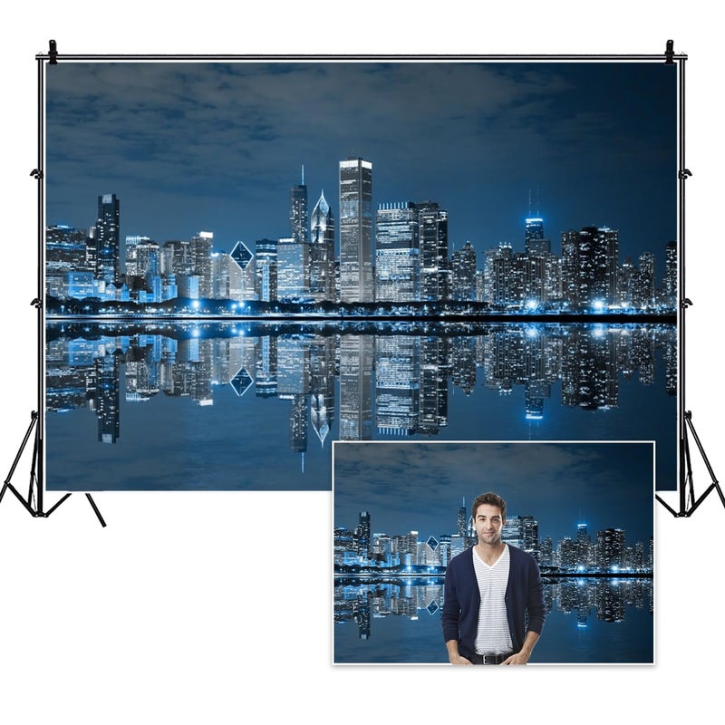 DORCEV 7x5ft Skyline City Night Landscape Photography Backdrop Business Modern City Chicago Downtown Night Background for Party Decoration Birthday Kids Boy Photoshoot Photo Background Props - Image 1